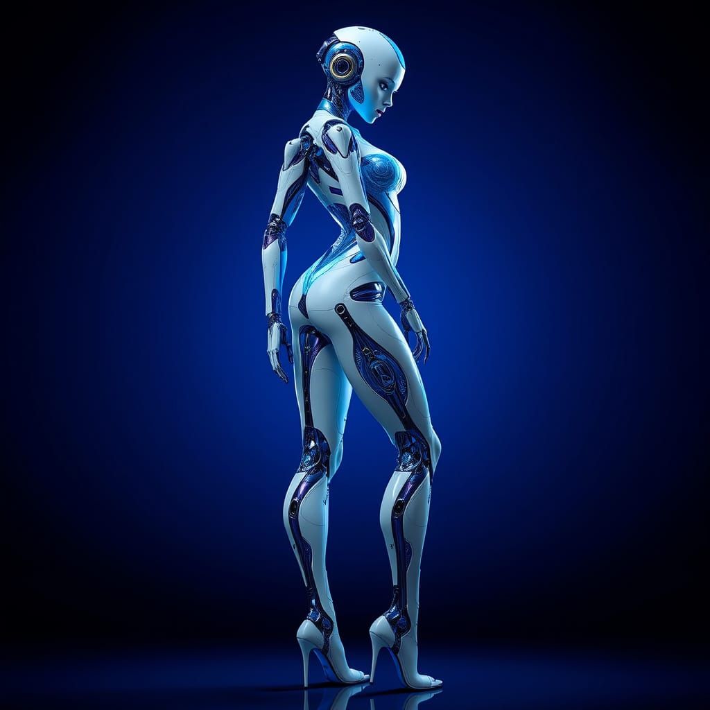 Hyper-Realistic Robot Girl in Metallic Bodysuit, High Heels,...