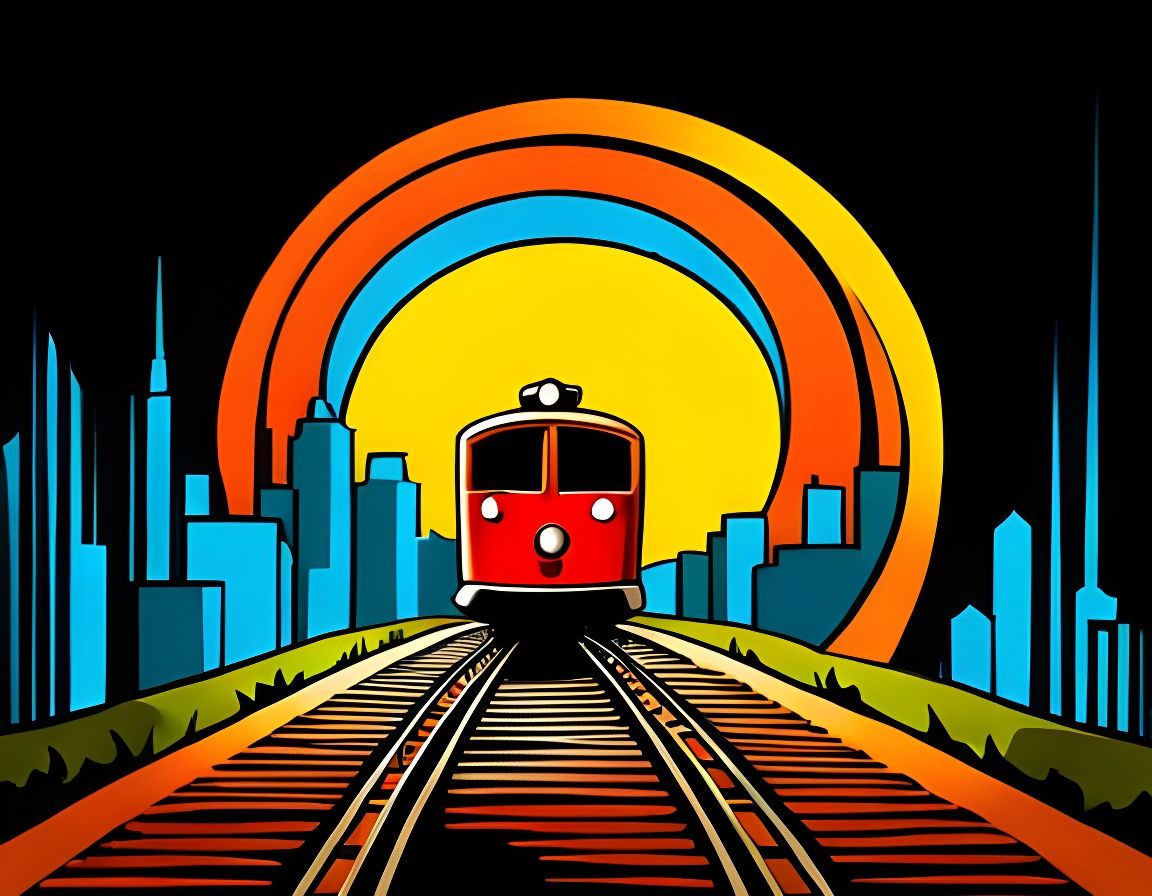 Cartoon City Train Tunnel in Vintage Pop Art Style