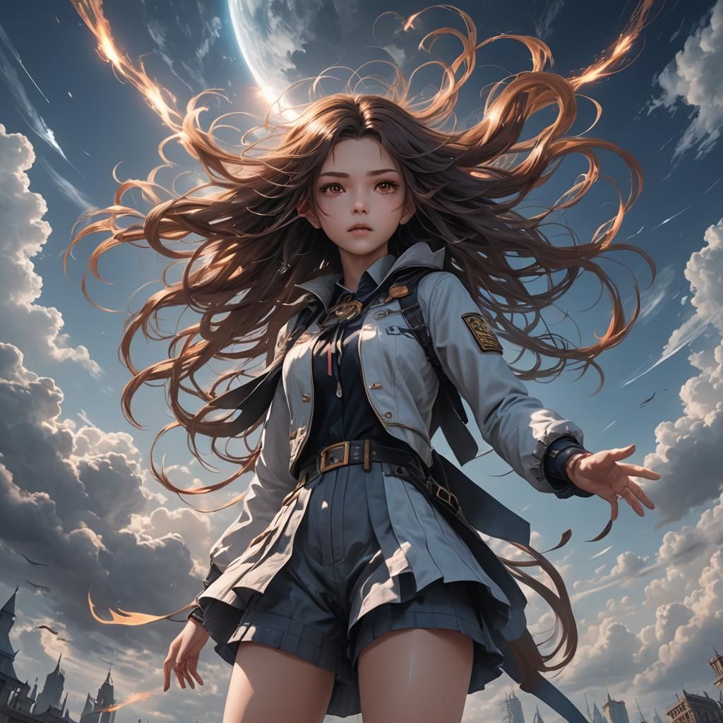 Anime Girl with Impossibly Long Hair in Sky