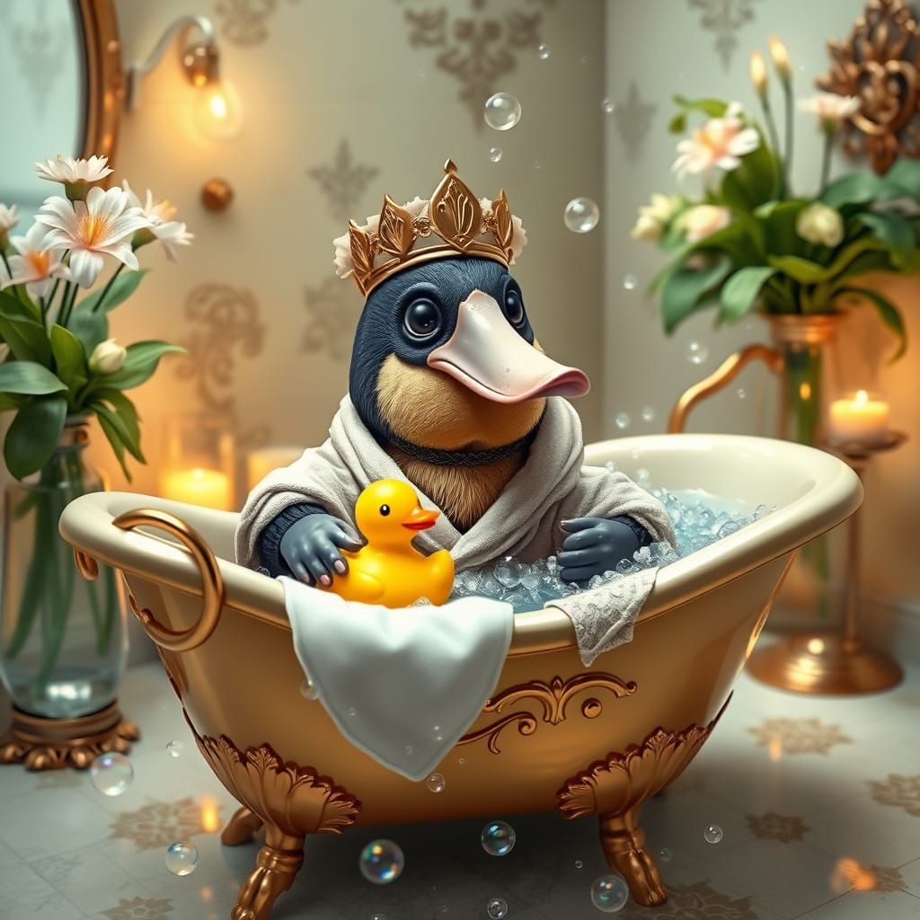Platypus Enjoys Whimsical Bath Time in Luxurious Bathroom