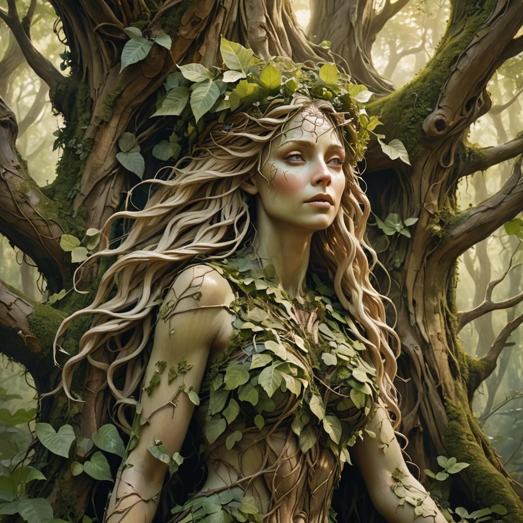 Dryad in Ancient Forest: Fantasy Realism Wildlife Illustrati...