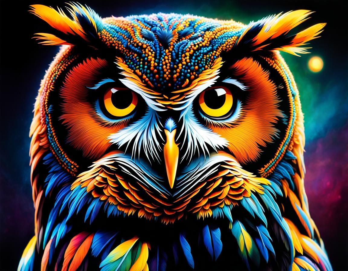 Psychedelic Cosmic Owl Portrait in Photorealistic Style