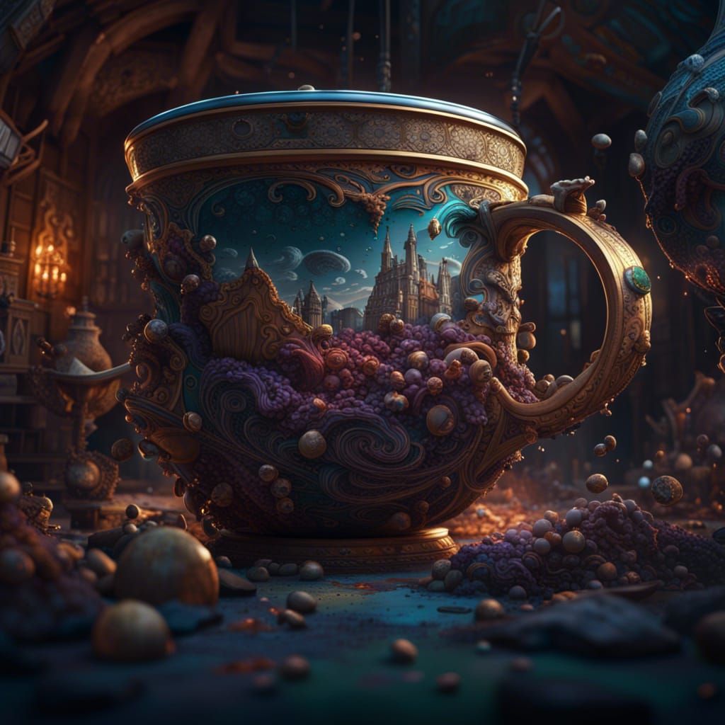 World Inside a Cup: Detailed Fantasy Concept Art