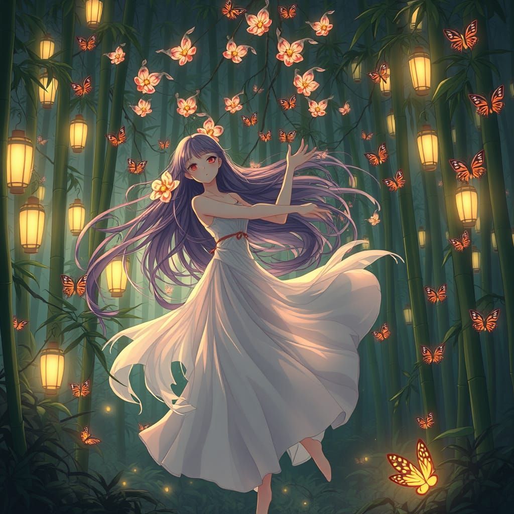 Anime Girl Dancing in Glowing Bamboo Garden