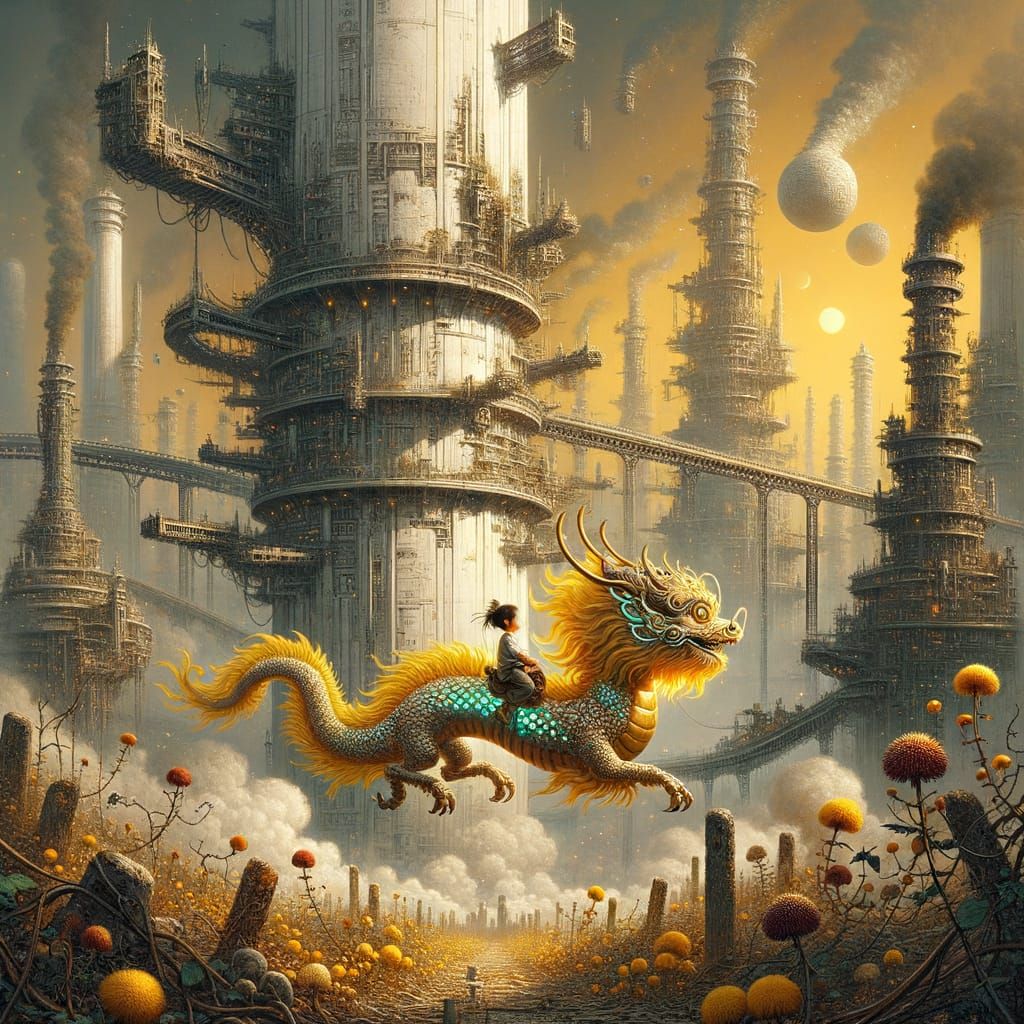 Radiant Luck Dragon Soaring Over Industrial City