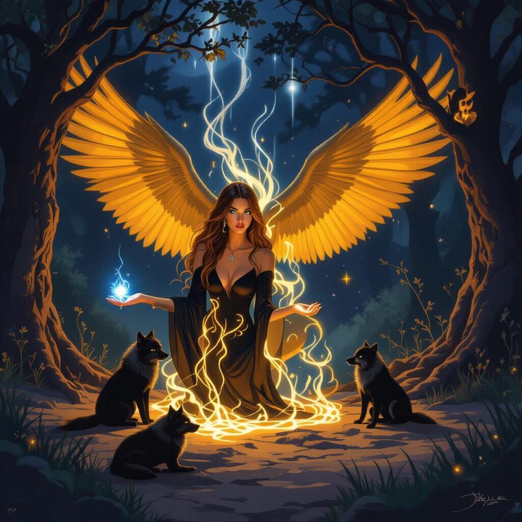 Mystical Woman with Glowing Hands and Spirit Wolves