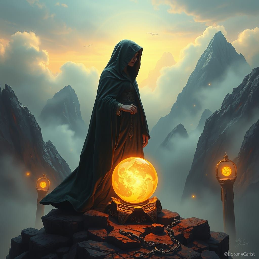 Ethereal Oracle Seeks Cosmic Truth Amidst Ancient Ruins