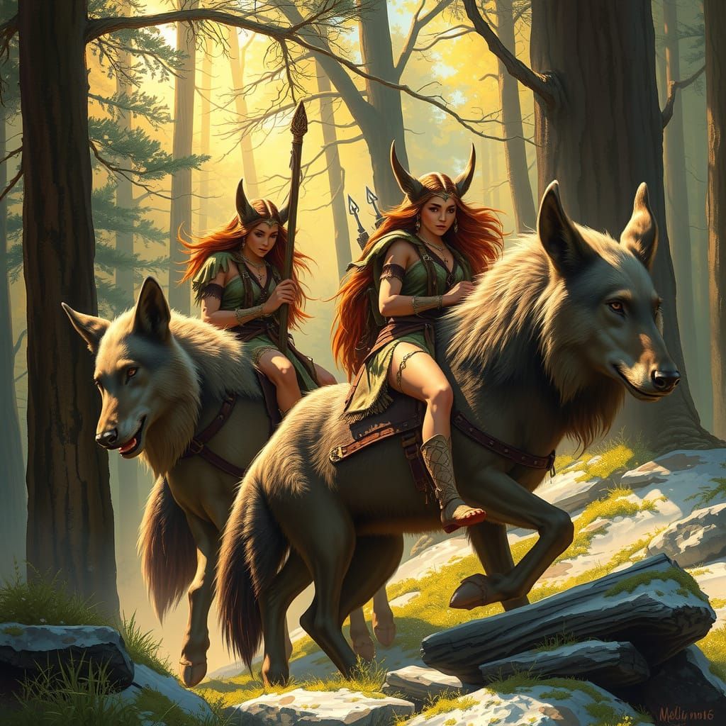 Elven Wolf Riders in a Golden Forest Glade