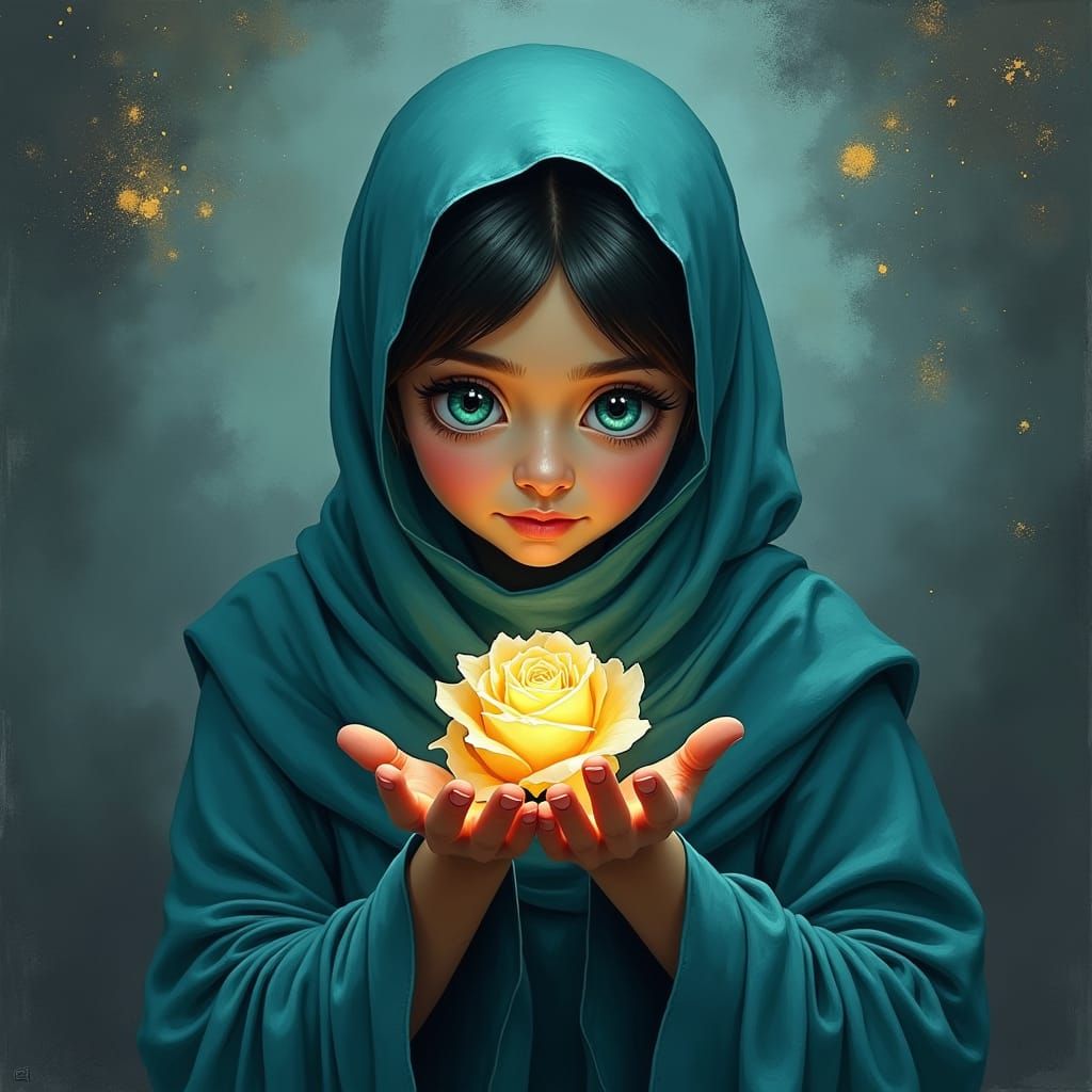 Girl with Bioluminescent Rose in Teal Hijab
