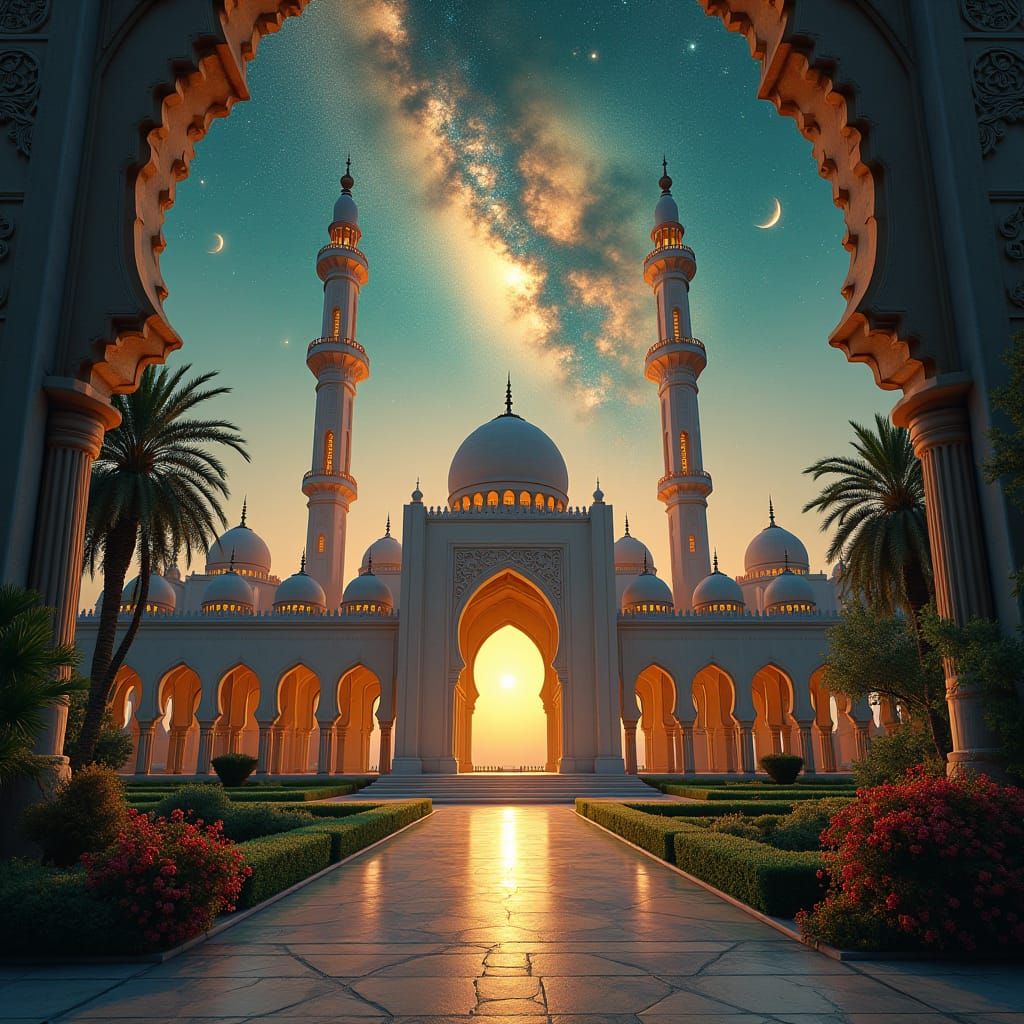 Mosque Garden Under Cosmic Sky in Digital Matte Painting