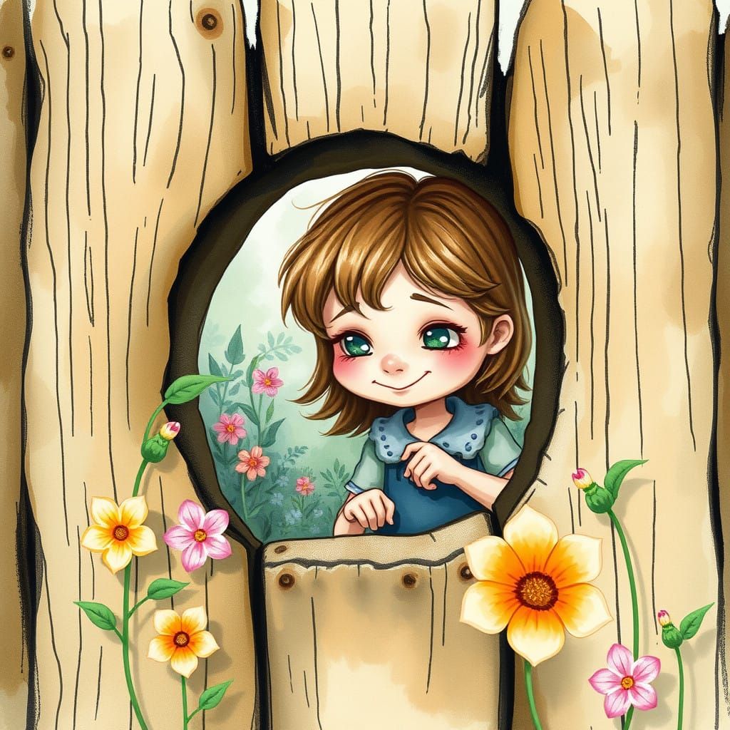 Whimsical Girl Peeks from Wooden Fence in Enchanting Waterco...