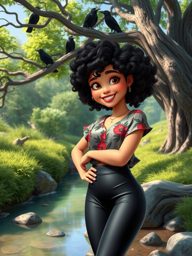 Whimsical Young Lady by a Serene Creek in Vibrant Cartoon St...