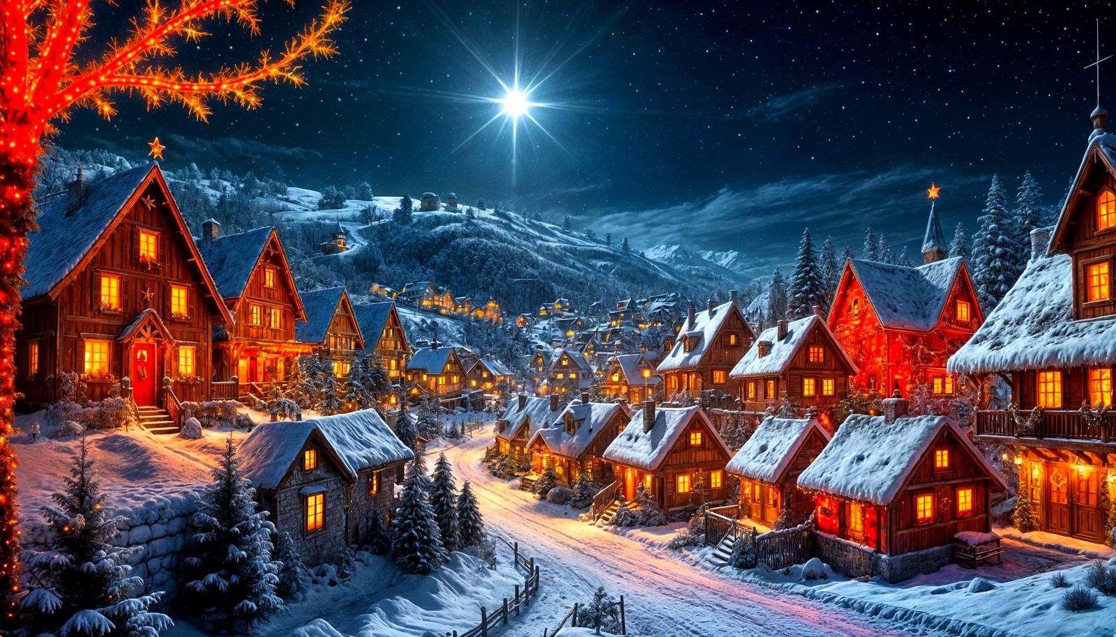 Surreal Christmas Eve Scene in Enchanted Village