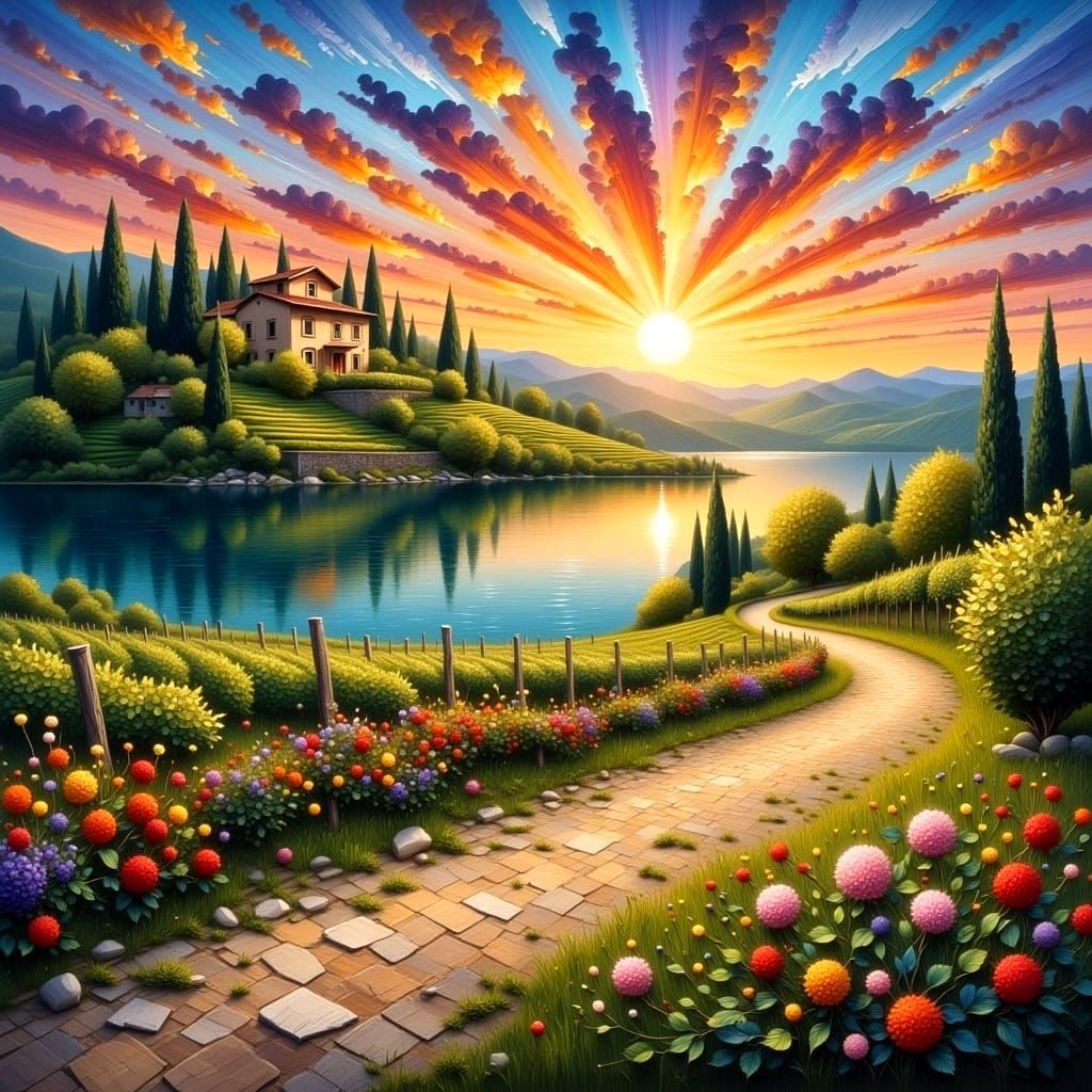 Tuscan Lake Pathway in Romantic Hyperrealism