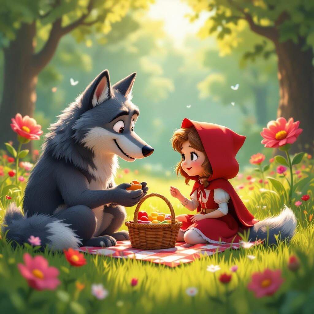 Little Red Riding Hood's Whimsical Picnic with the Wolf