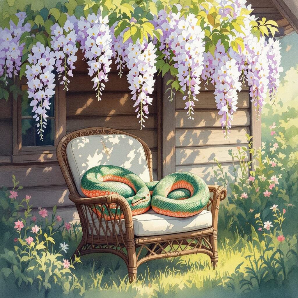 A green and coral serpent curled up asleep inside a garden armchair, in the shadow of a magnificent white wisteria hangi...