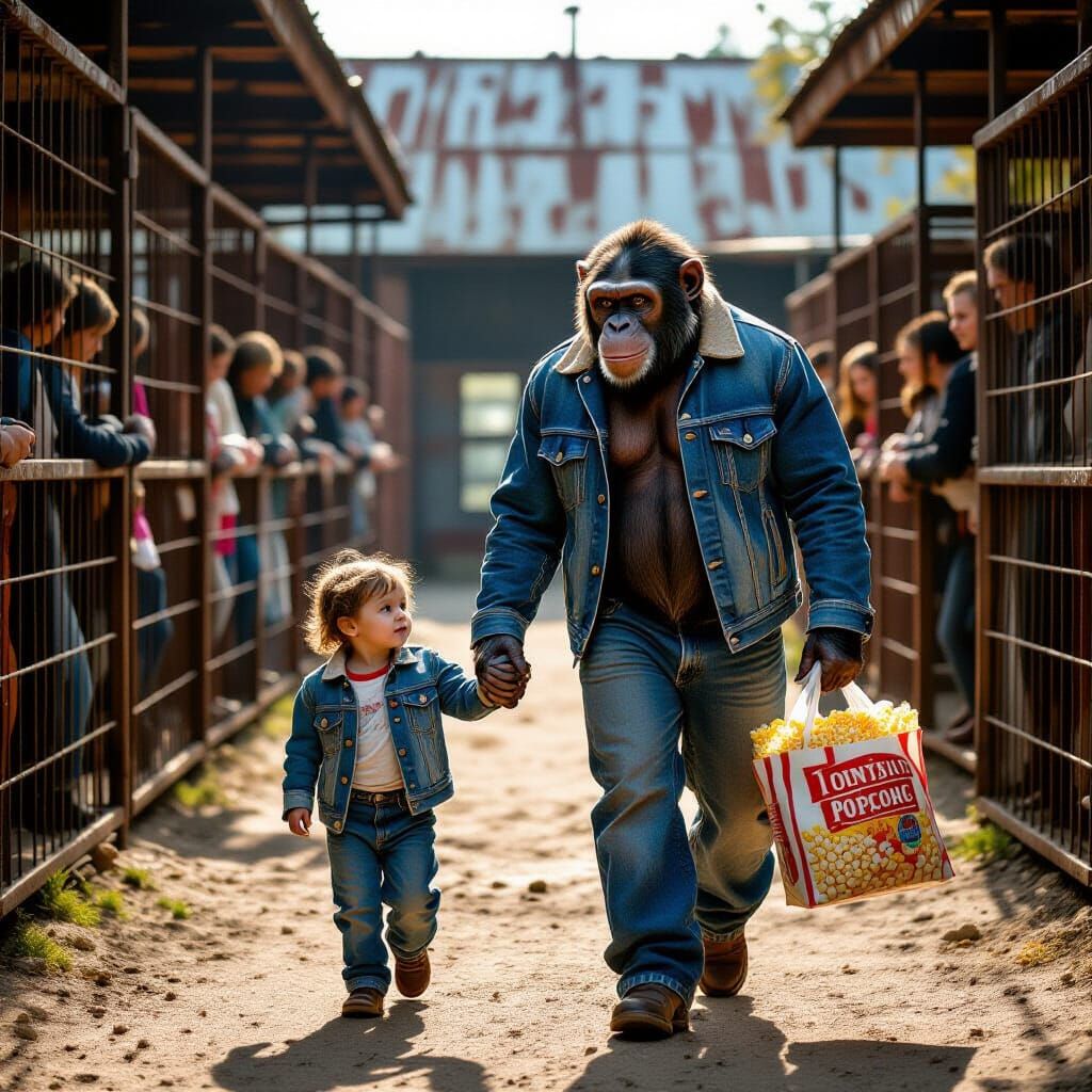 Chimpanzee Family Reunion in Reversed Zoo, Cinematic Style