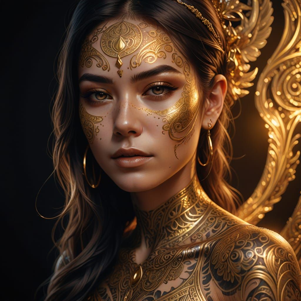 Golden Tattoo Portrait in Hyper-Realistic Digital Art