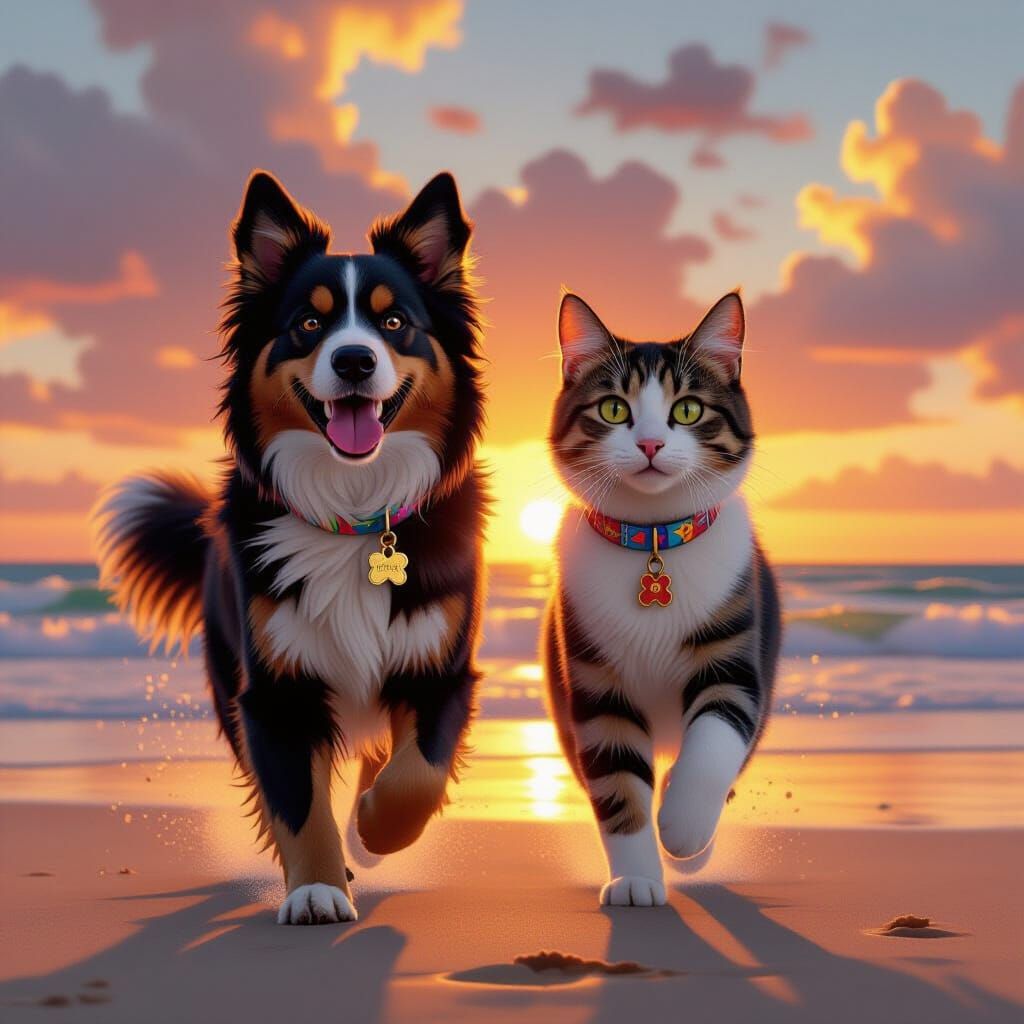 Dog and Cat Running on Beach at Sunset