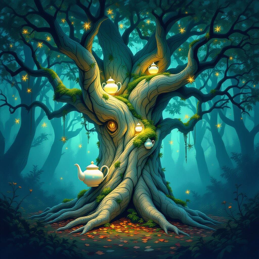 Ancient Tree Spirit with Teapot Spout Branches in Twilight F...