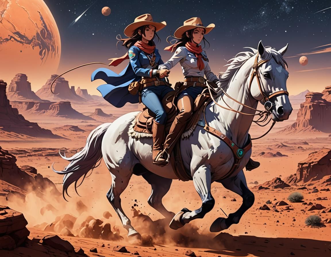 Anime Cowgirl Roping Steer on Mars