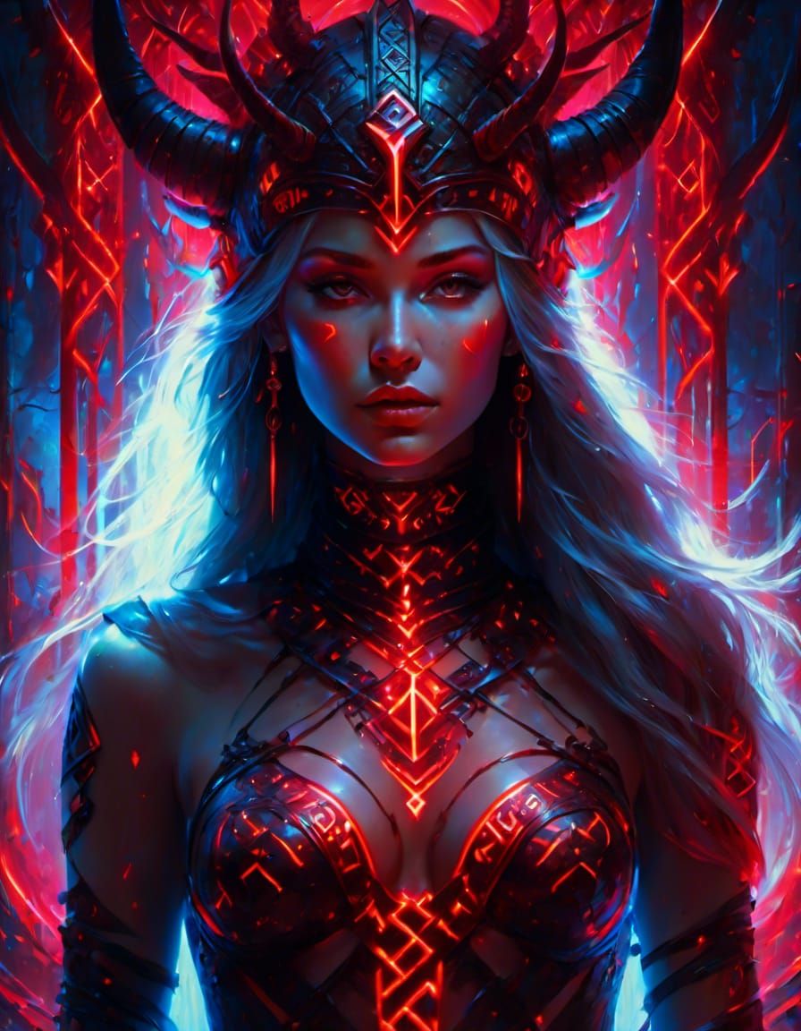 Viking Woman with Glowing Runes in Digital Art