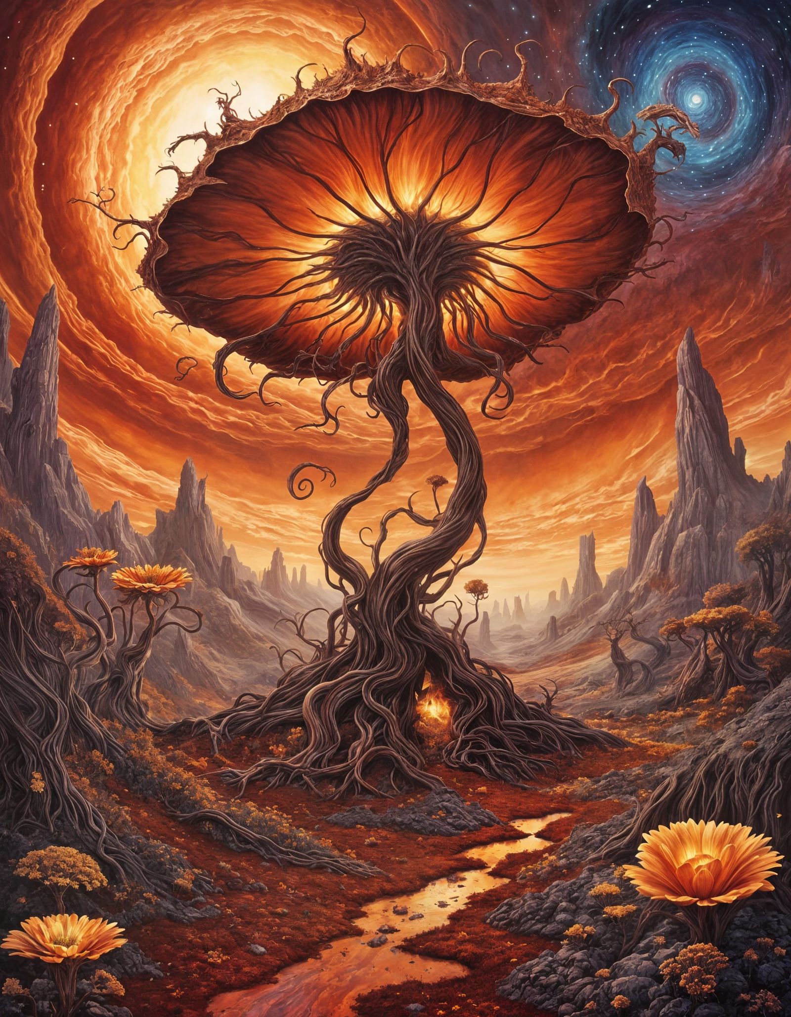 Ethereal Crimson Blossom Unfurls in Alien Landscape