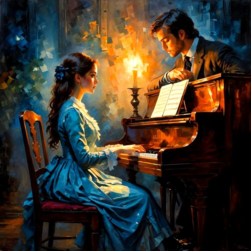 Victorian Girl Plays Piano in Impasto Painting