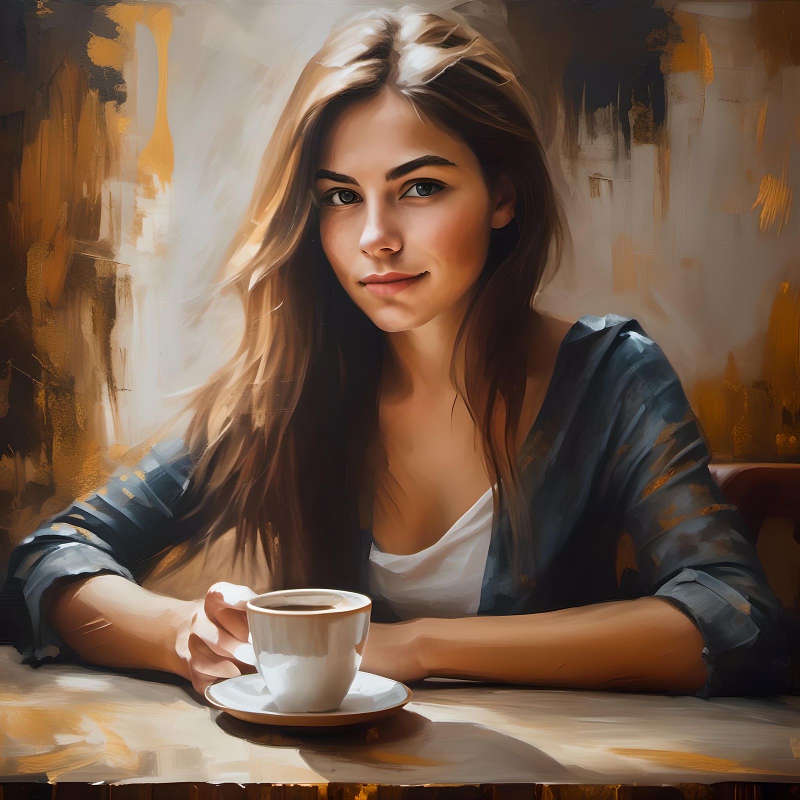 Woman at Coffee Shop in Marble Oil Style