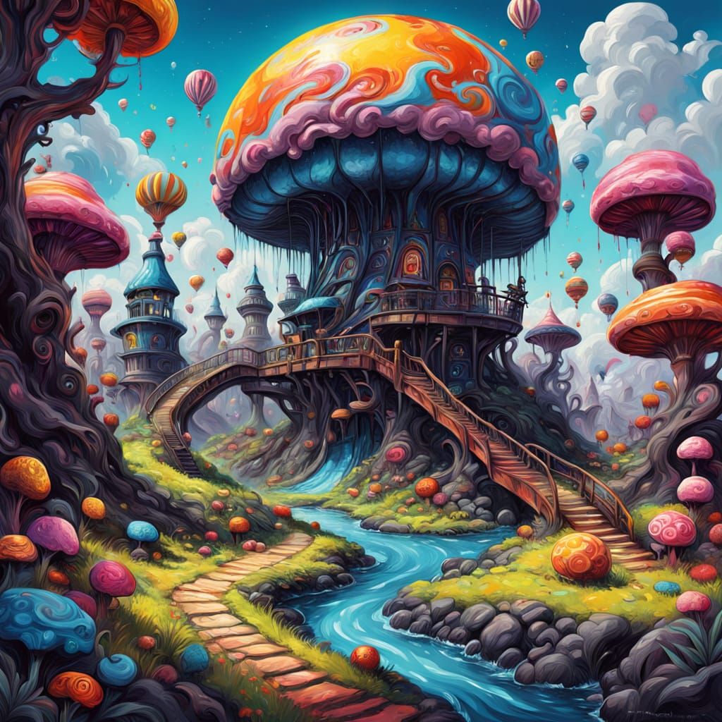 Hyperdetailed Candyland Rides in Gouache and Charcoal