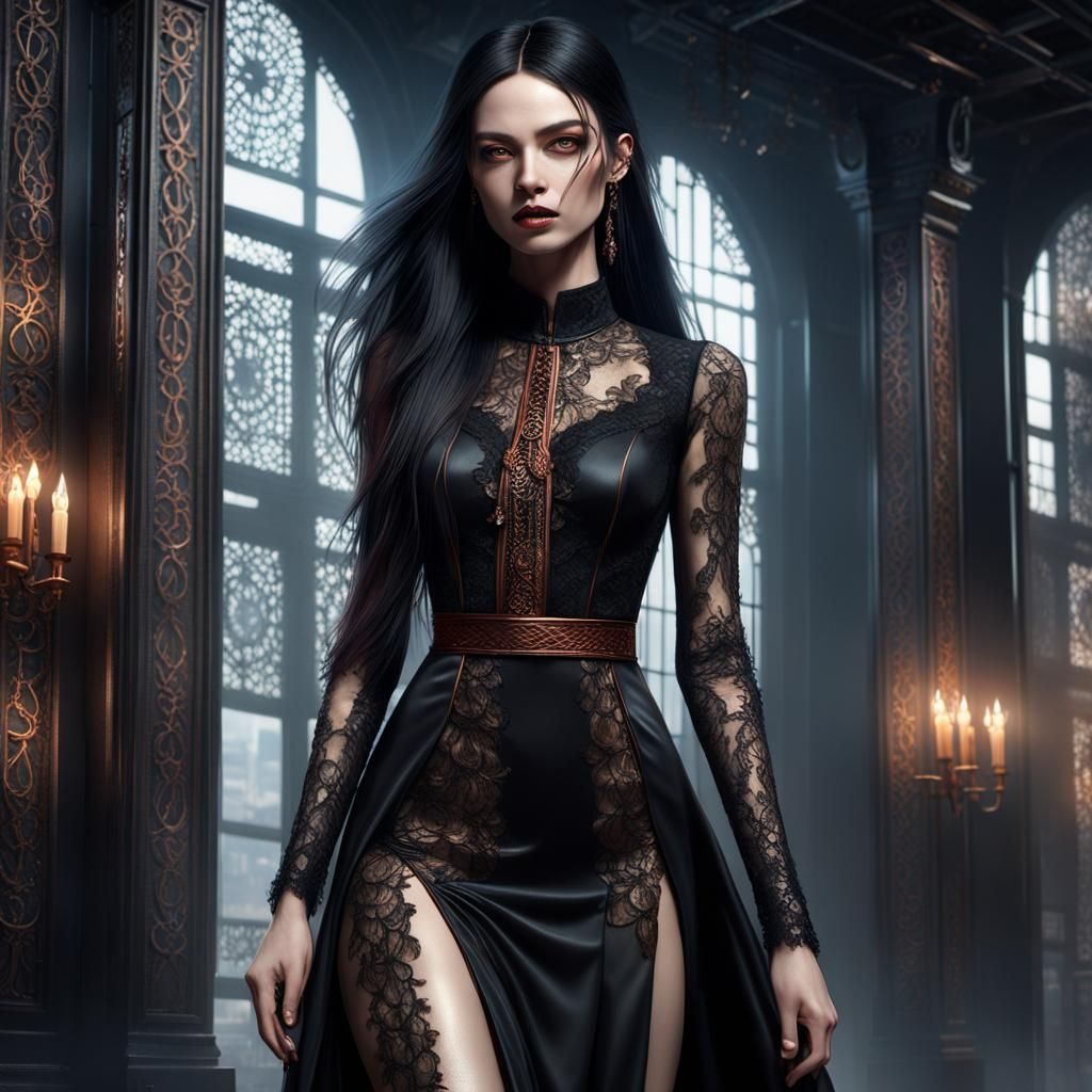 Cyberpunk Girl in Black Lace Dress, 8K