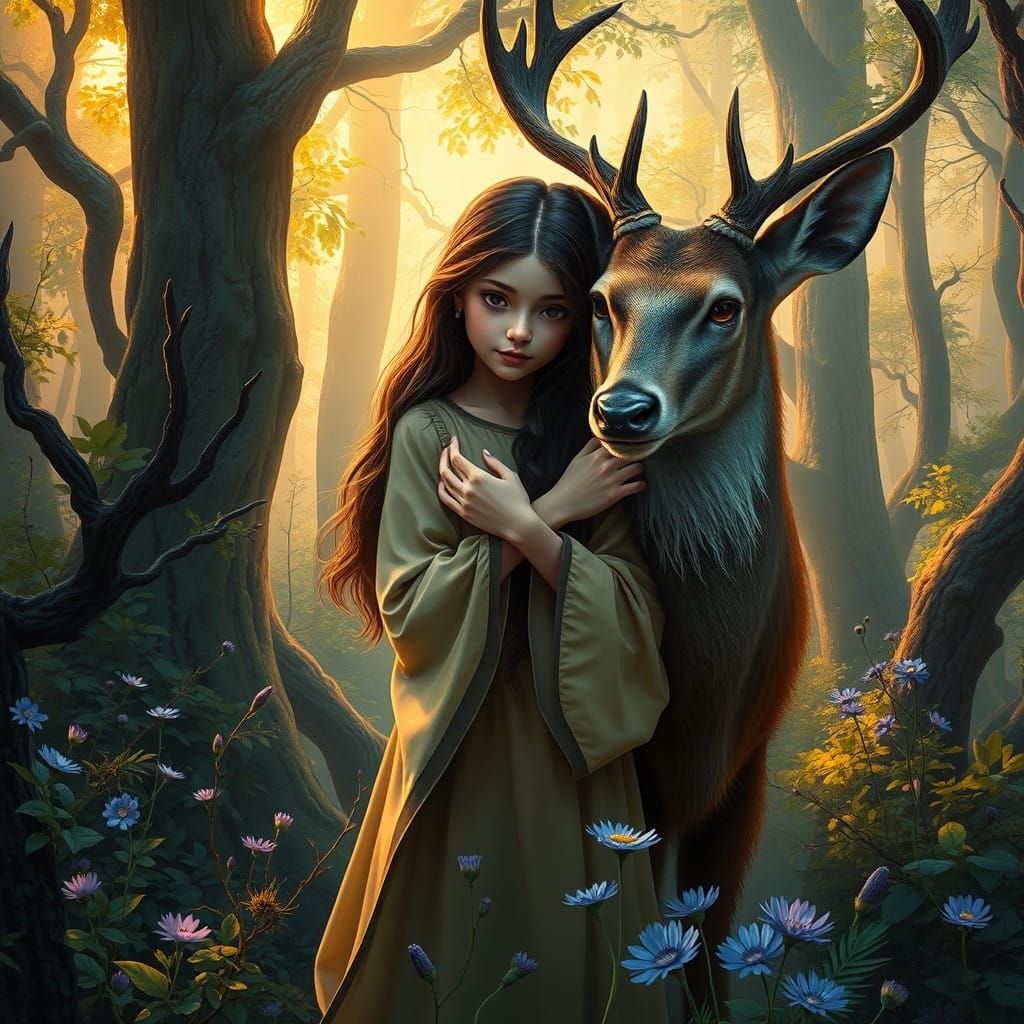 Girl and Deer in a Mystical Forest
