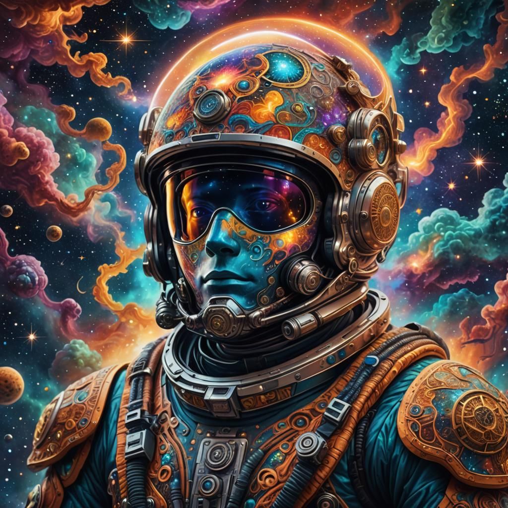 Man Explores Nebulae in Surreal Cosmic Art