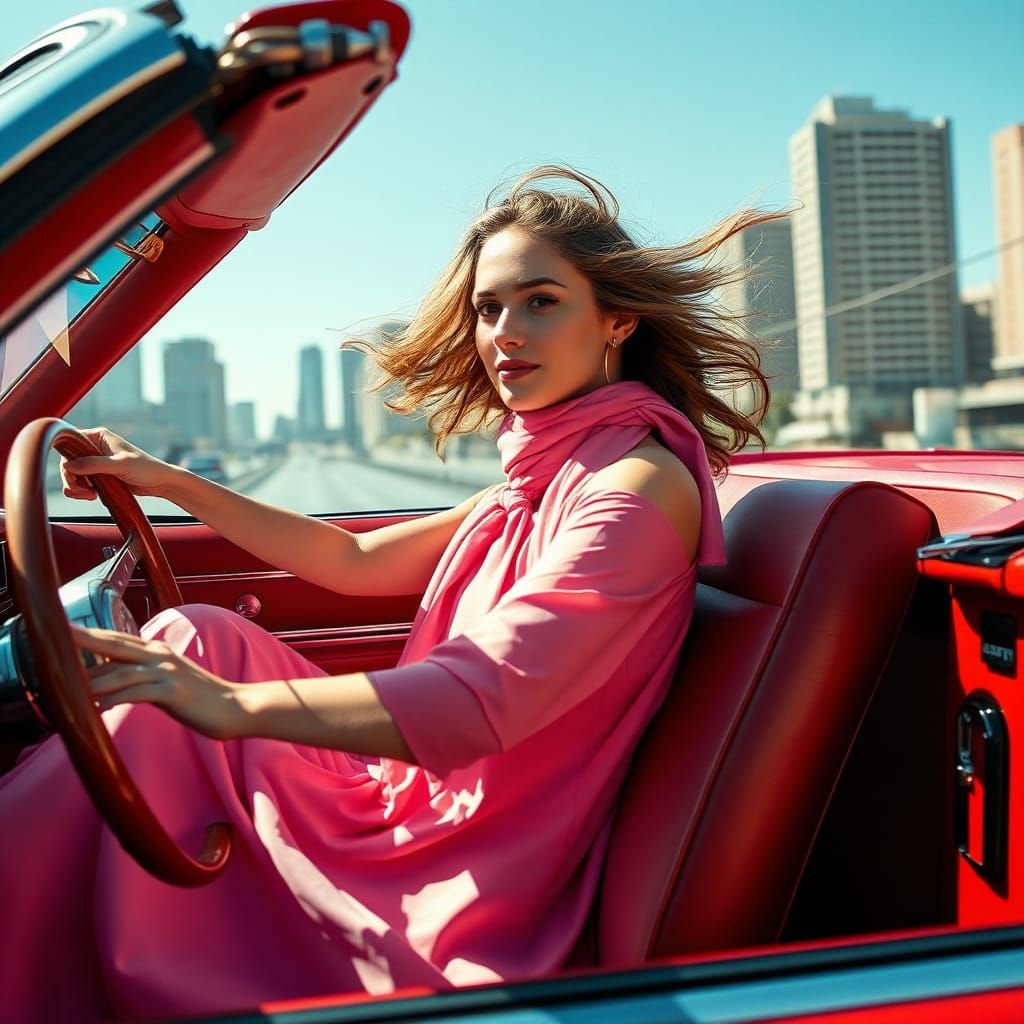 Retro Woman in Pink Driving a Cadillac Convertible