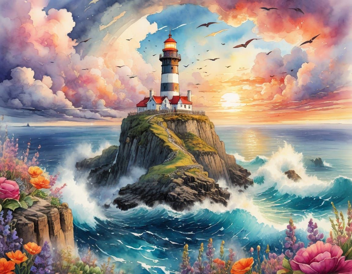 Cute Colourful Lighthouse Overlooking Sea with Cloud Whales