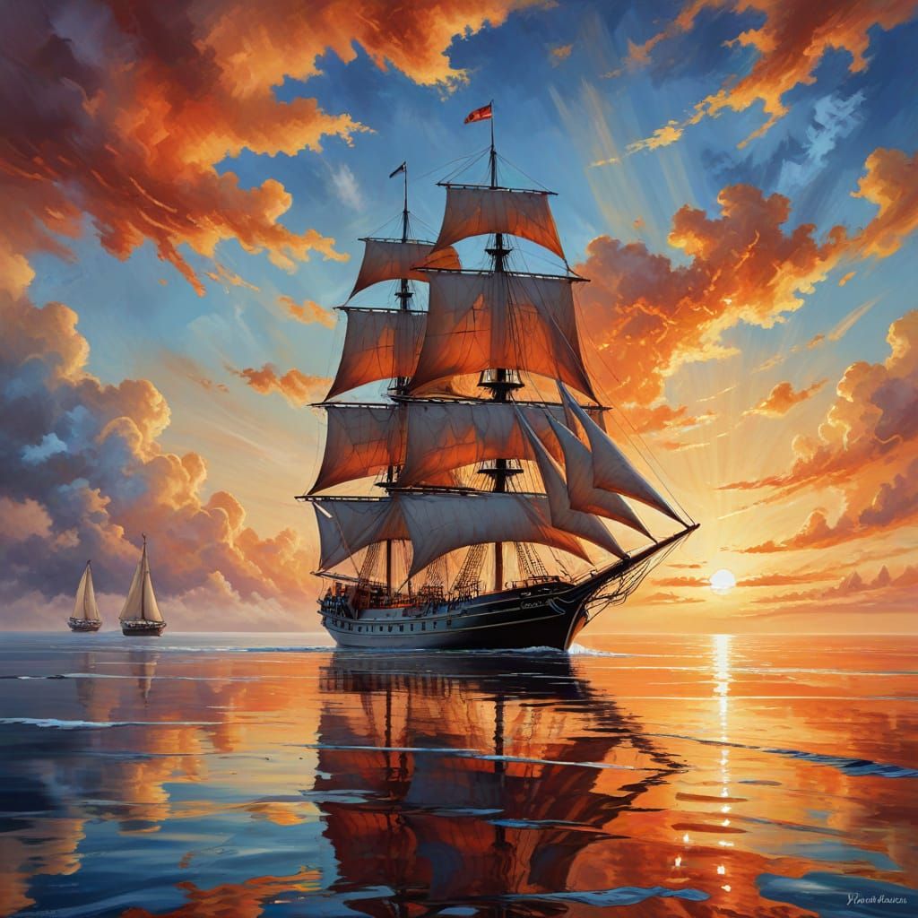 Ethereal Sunset Sailing in Dreamy Realism