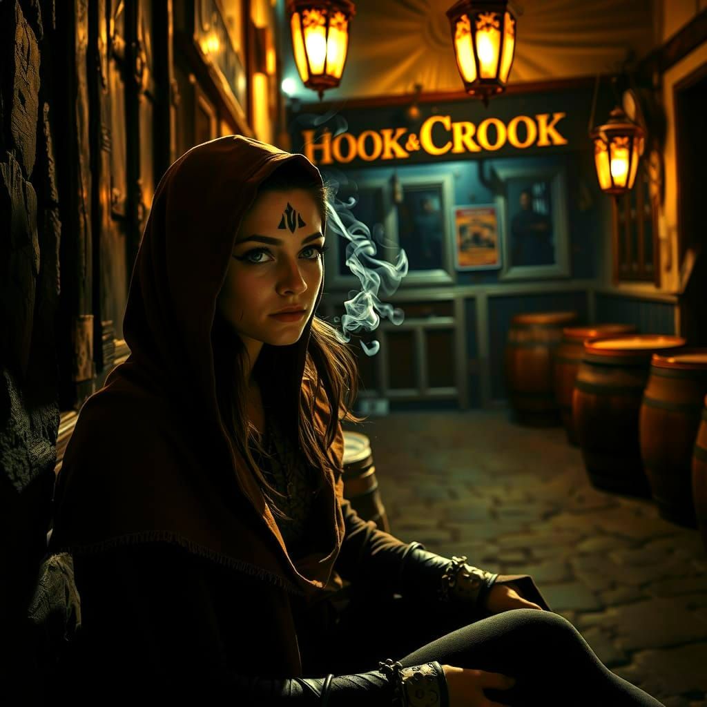 Rainy Alleyway Tavern Scene with Mysterious Woman