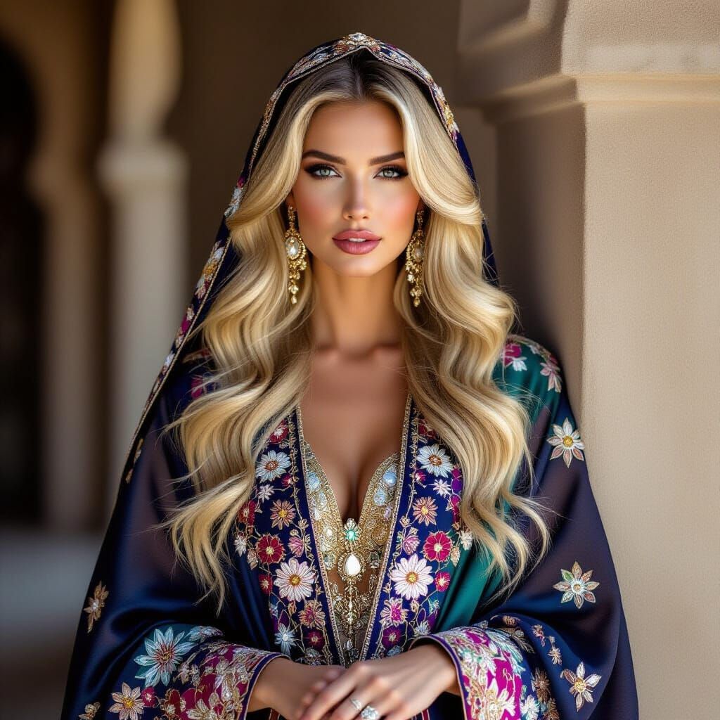 Majestic Blonde Woman in Luxurious Abaya
