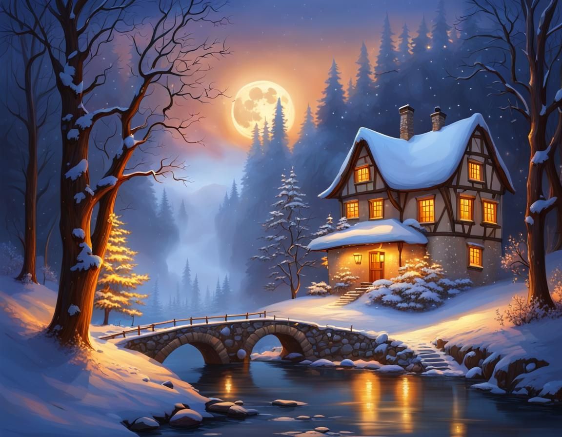 Cozy Forest House in Winter Snow Under Milky Way