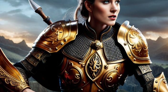 Irish queen with intricate body armour in battle on a chario...