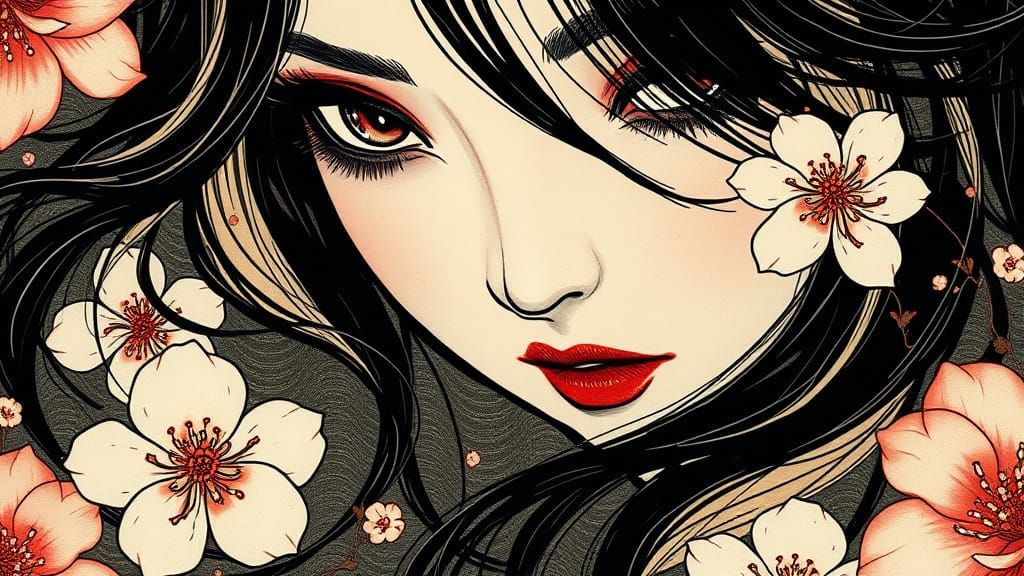 Sumi-e Ink Portrait of Alluring Oriental Woman's Eyes