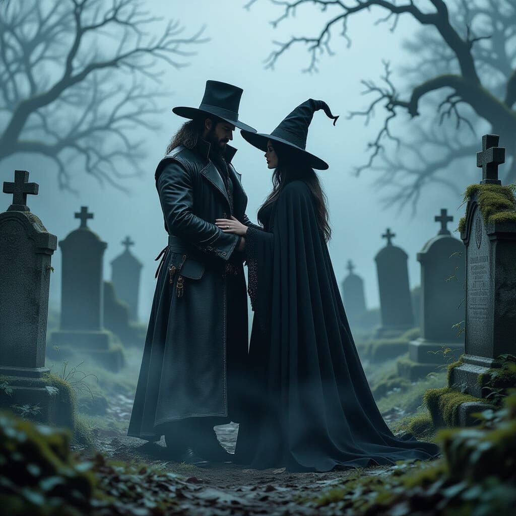 Magician embraces Witch in a Misty Cemetery