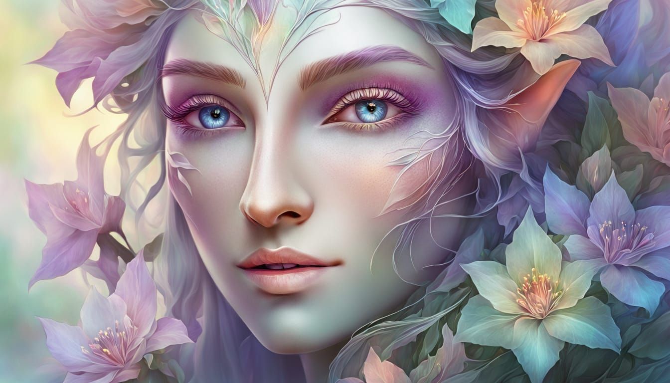 Elven Face Hidden in Bouquet: Whimsical Digital Art