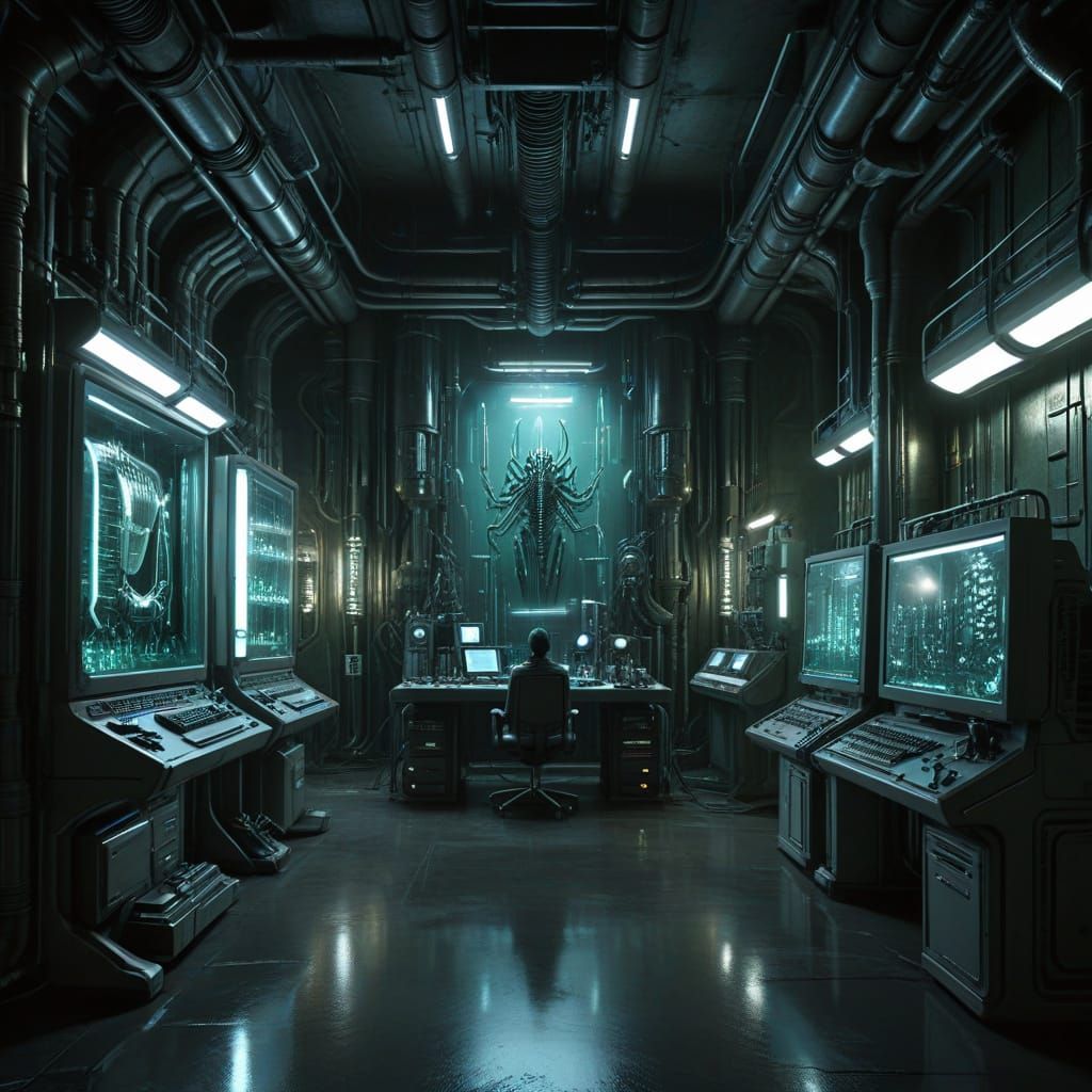 Biomechanical Laboratory in a Dark, Futuristic Cave