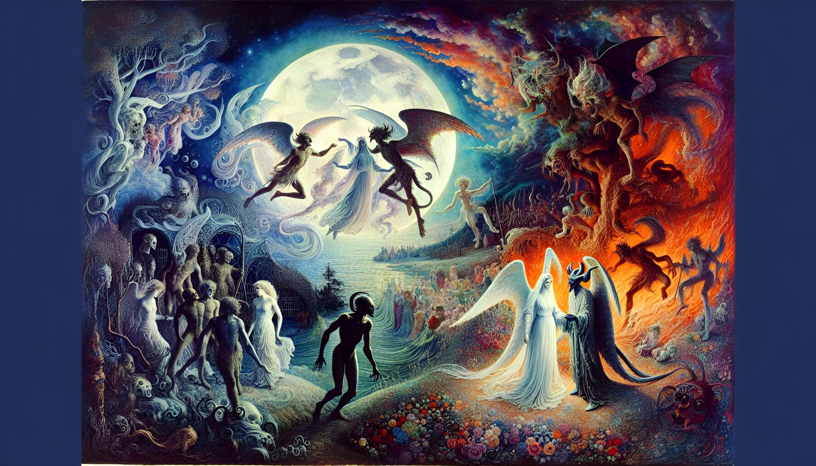Angelic Demon Wedding in Hellscape, Surreal Art