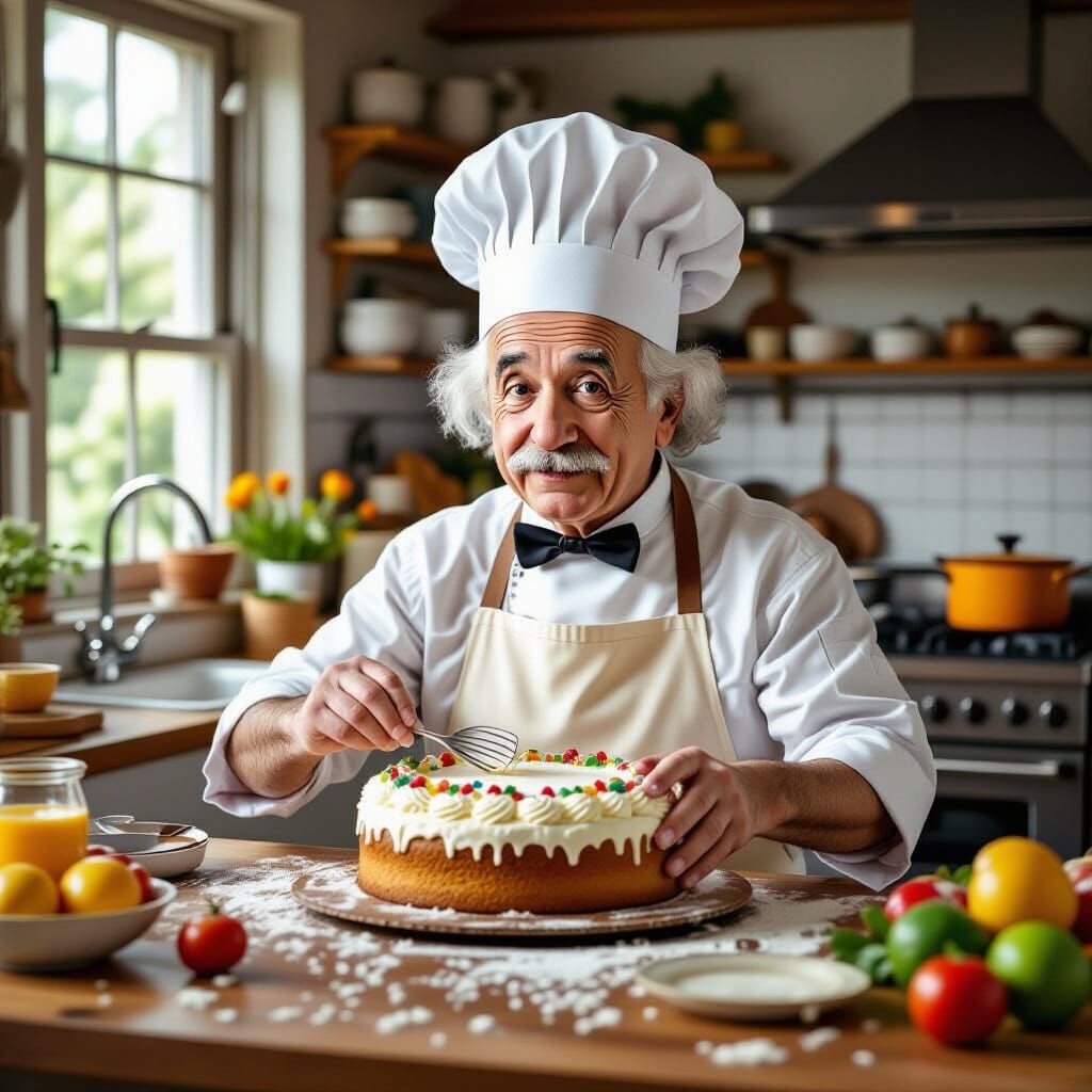 Einstein Baking a Cake in a Whimsical Kitchen