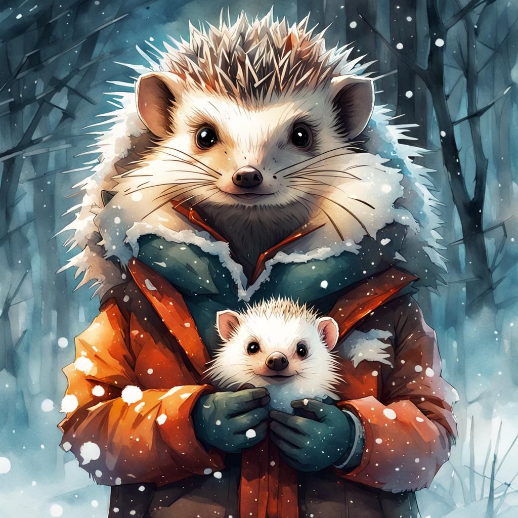 Warm Dressed Hedgehog Portrait in Watercolor Style
