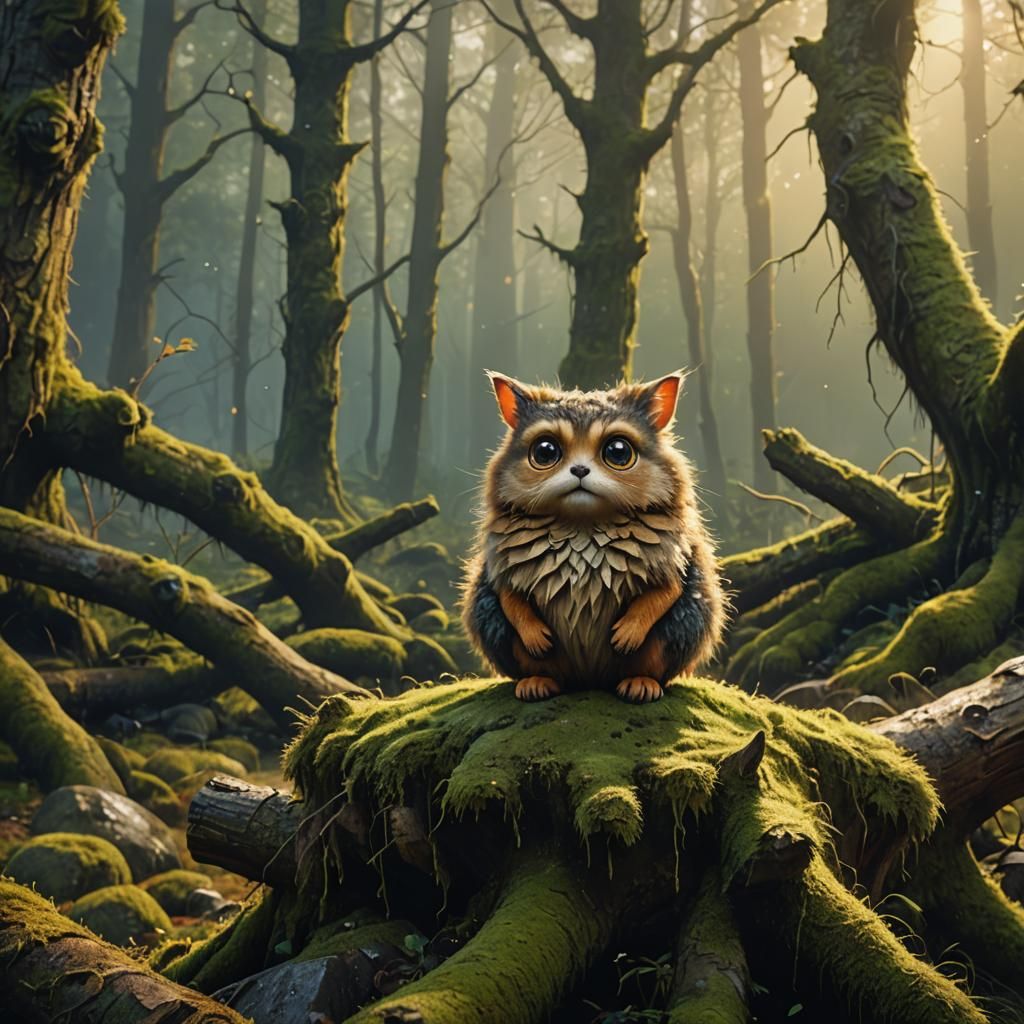 Furry Creature in Mystical Forest, Digital Oil Painting
