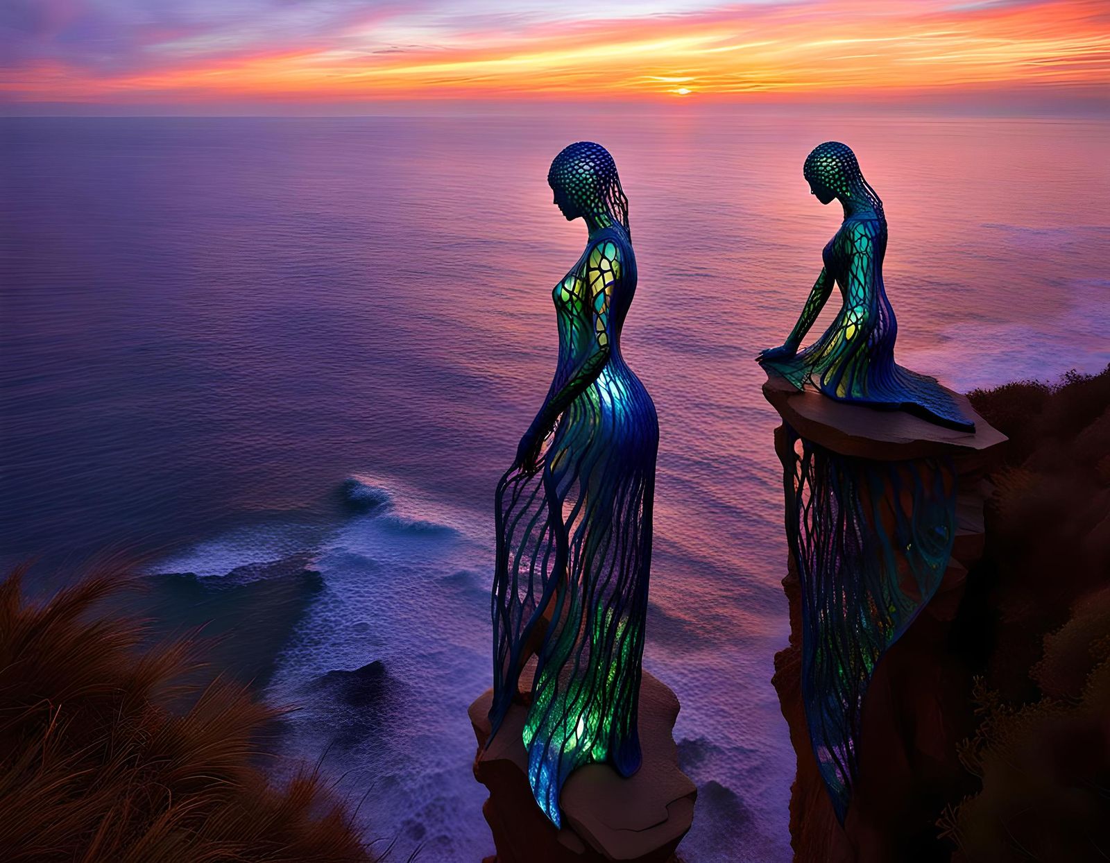 Glowing Wood Sculptures on Cliff at Sunset