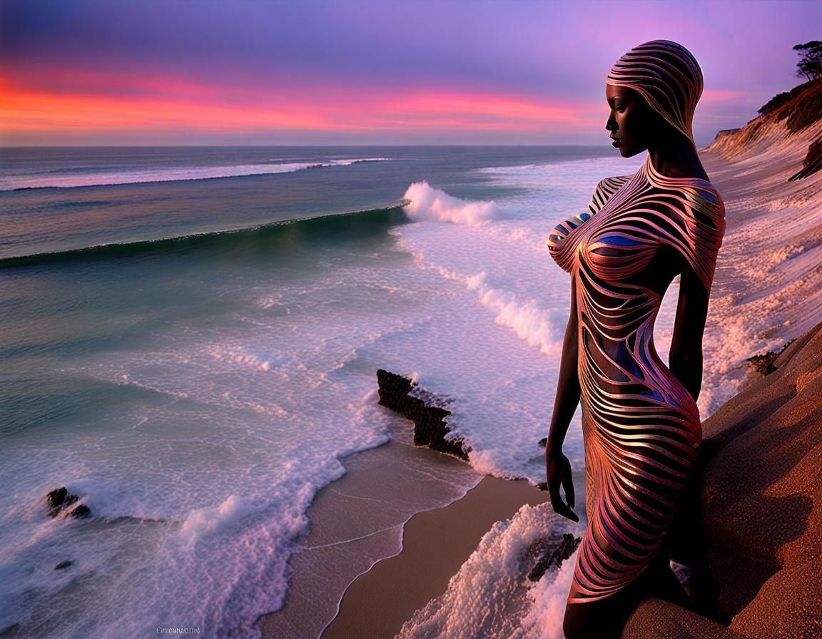 Iridescent Wood Lace Sculptures on Cliff at Sunset